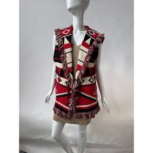 Vintage Southwestern-Inspired Wool Blend Sleeveless Fringe Vest With Silver Conc